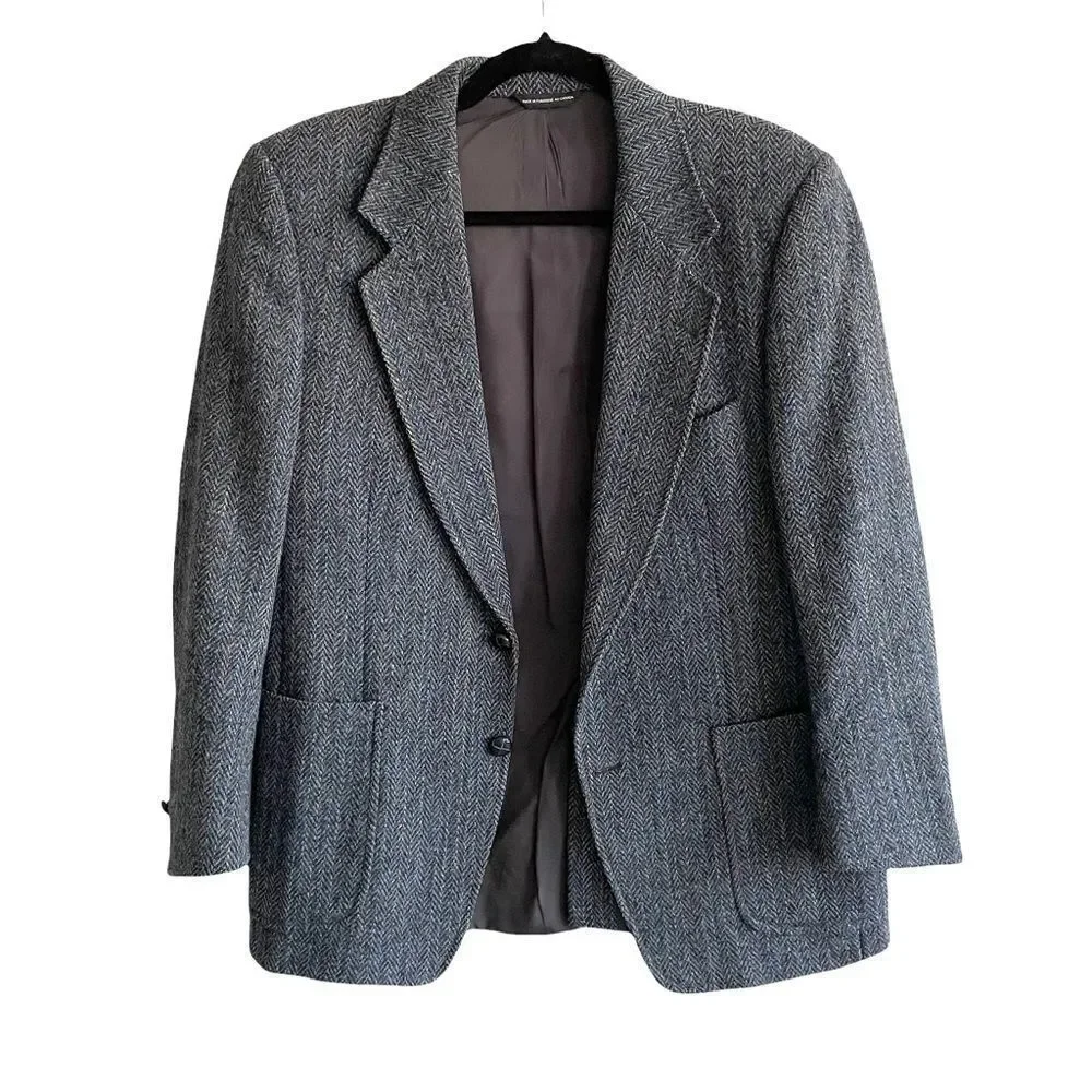 HARRIS TWEED Vintage Hand Woven Wool Blazer Navy Blue 40S - Picture 2 of 14